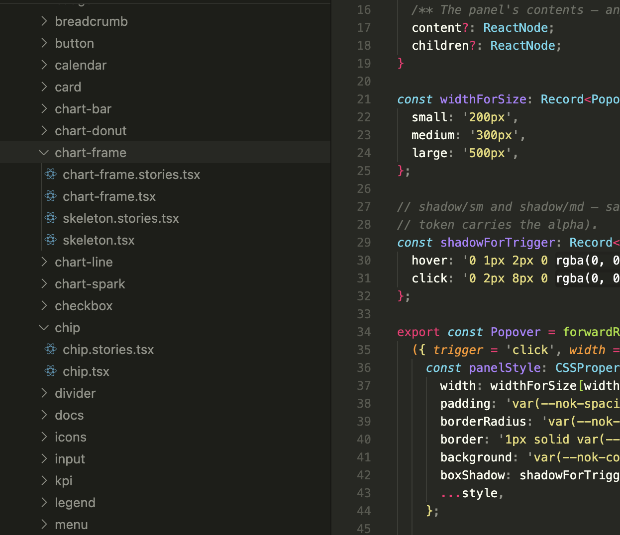 The React component source files in the code editor