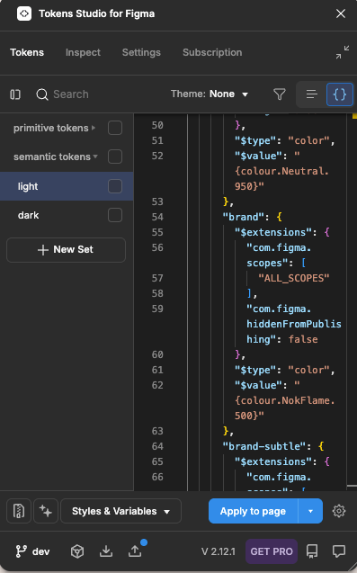 Tokens Studio for Figma showing the brand colour tokens as JSON